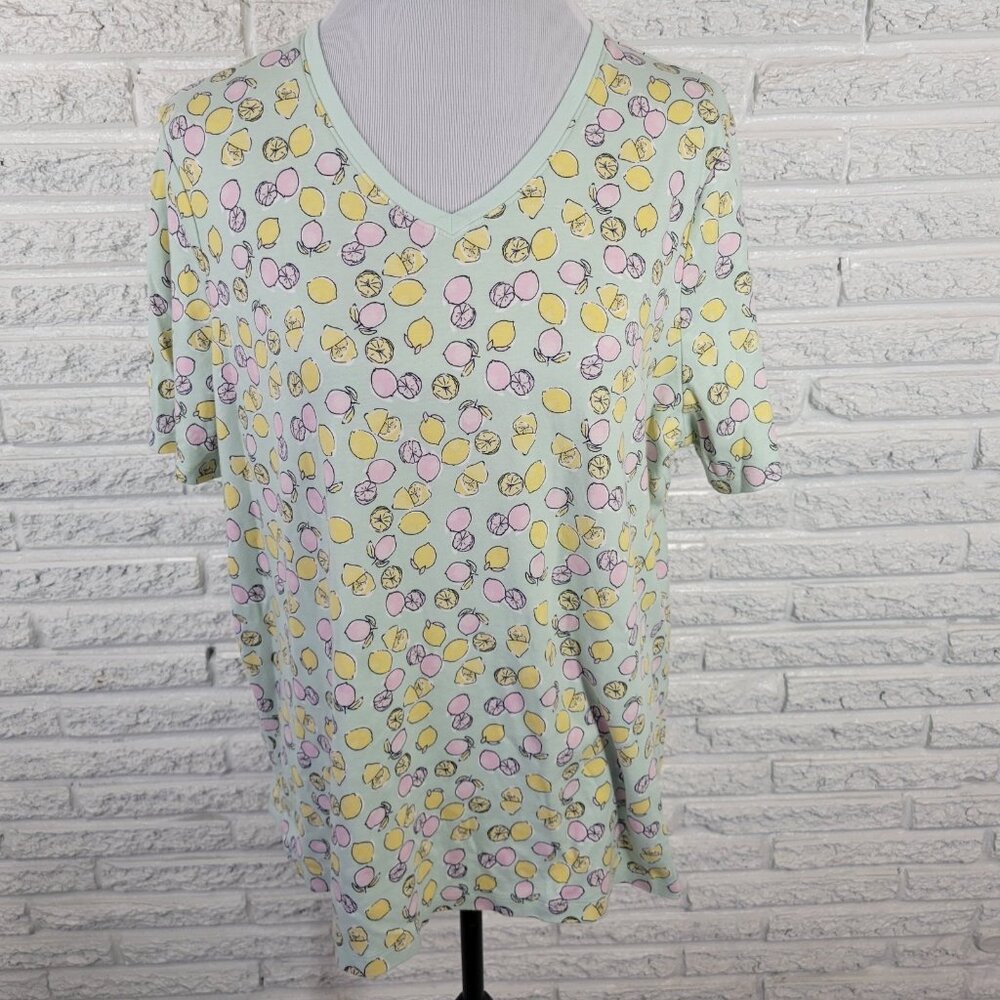 Kim Rogers Womens Top Extra Large Tee Short Sleeve Green Lemons All Over B23E
